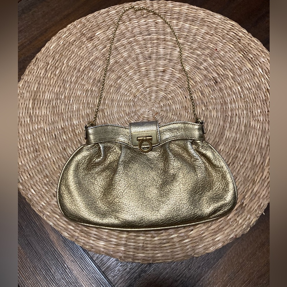 $250 Authentic Salvatore Ferragamo Gancini Leather Clutch Gold Bronze